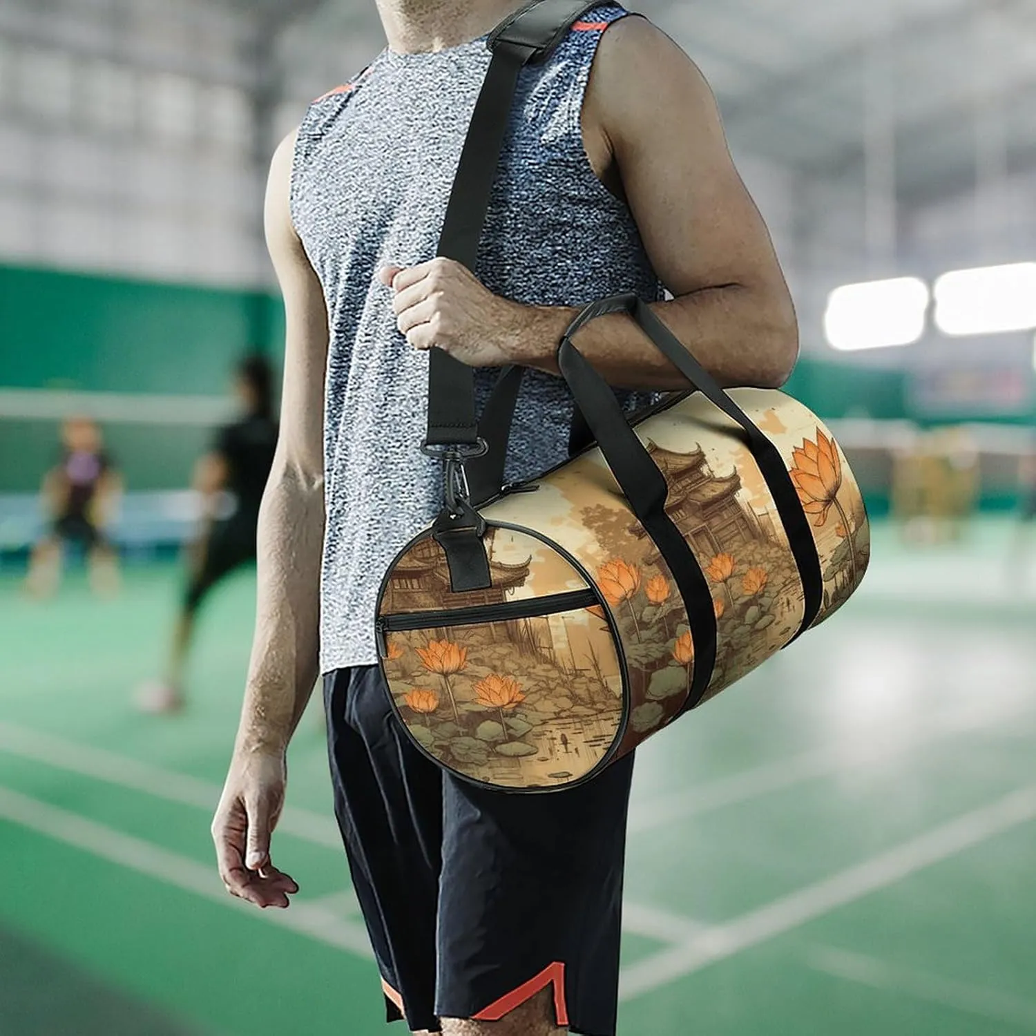 Gym Bags for Men Women Flowers And Architecture Duffle Bag Travel Overnight Bag with Shoe Compartment Tote Bags