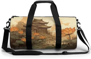 Gym Bags for Men Women Flowers And Architecture Duffle Bag Travel Overnight Bag with Shoe Compartment Tote Bags