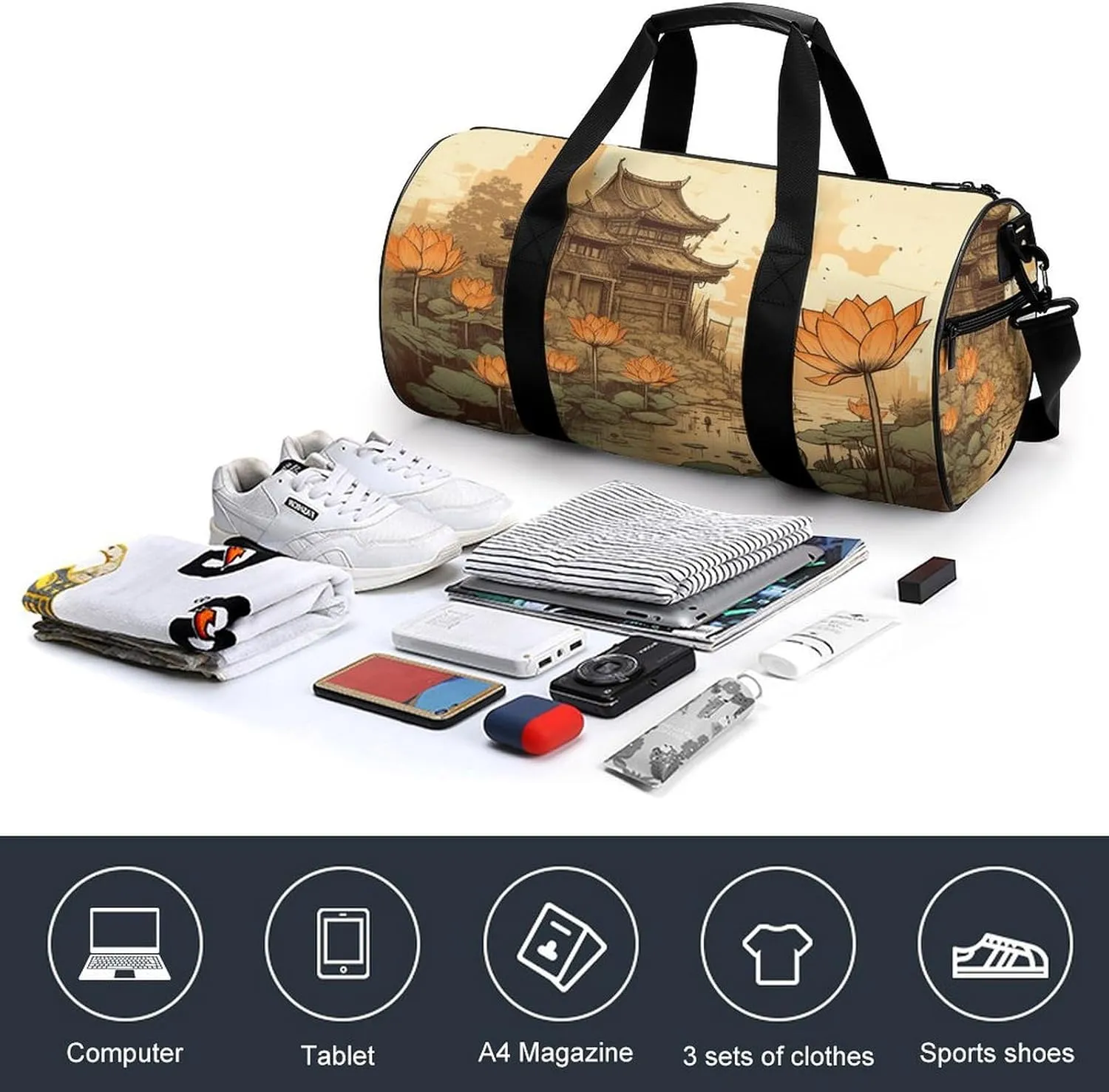 Gym Bags for Men Women Flowers And Architecture Duffle Bag Travel Overnight Bag with Shoe Compartment Tote Bags