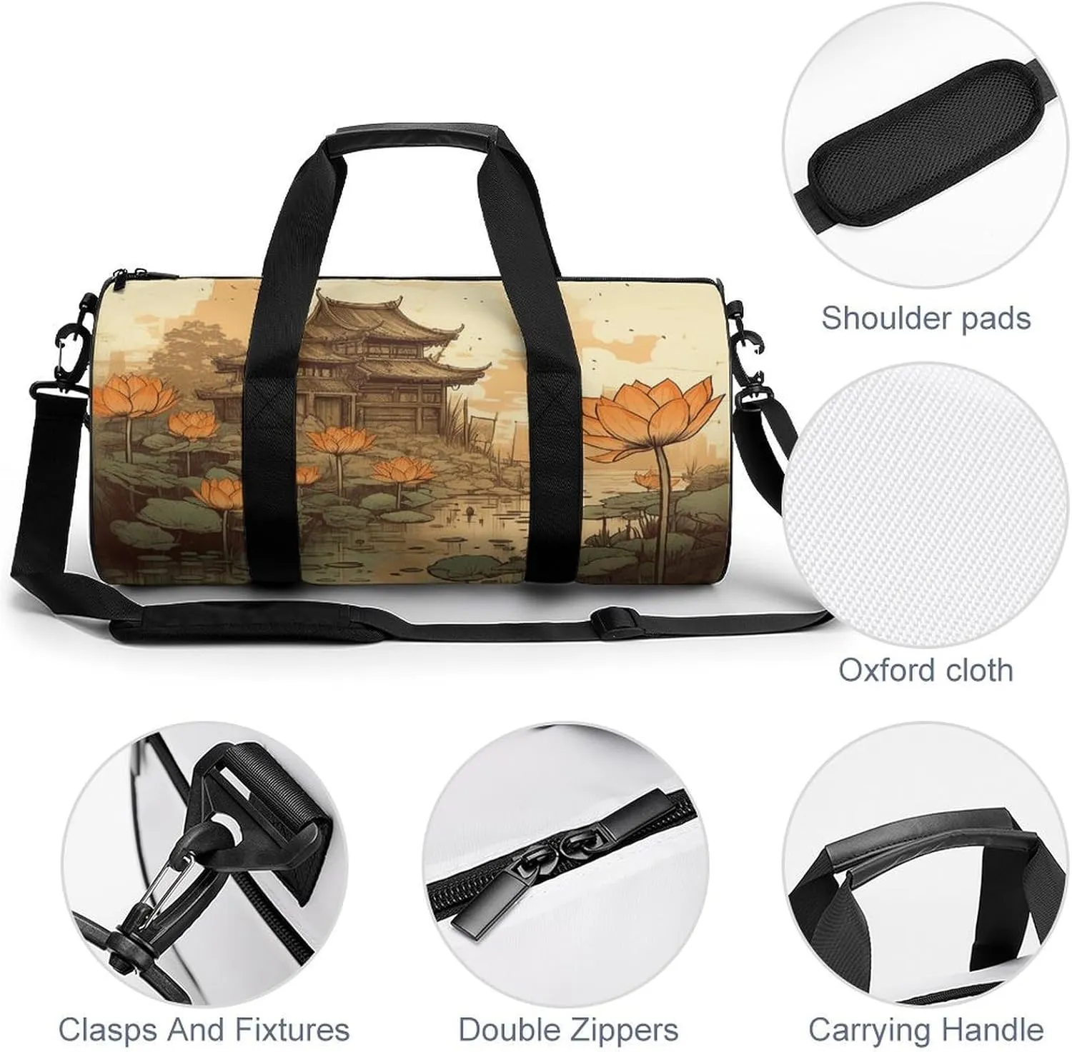 Gym Bags for Men Women Flowers And Architecture Duffle Bag Travel Overnight Bag with Shoe Compartment Tote Bags