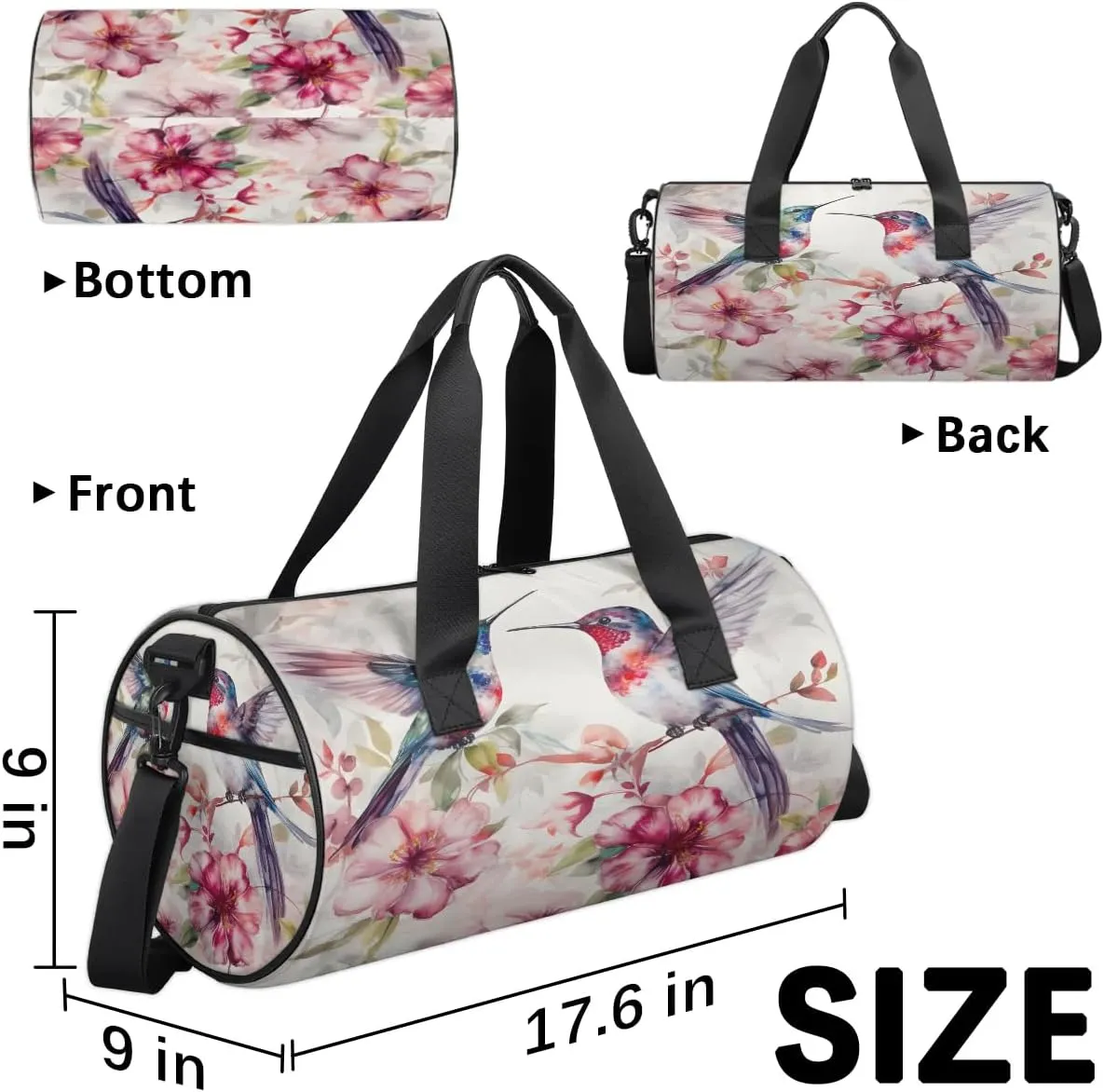 Gym Bags for Men Women Flowers Hummingbirds Watercolor Sports Duffel Bags Carry On Travel Duffle Bag with Detachable Adjustable Shoulder Strap Overnight Weekender Bag