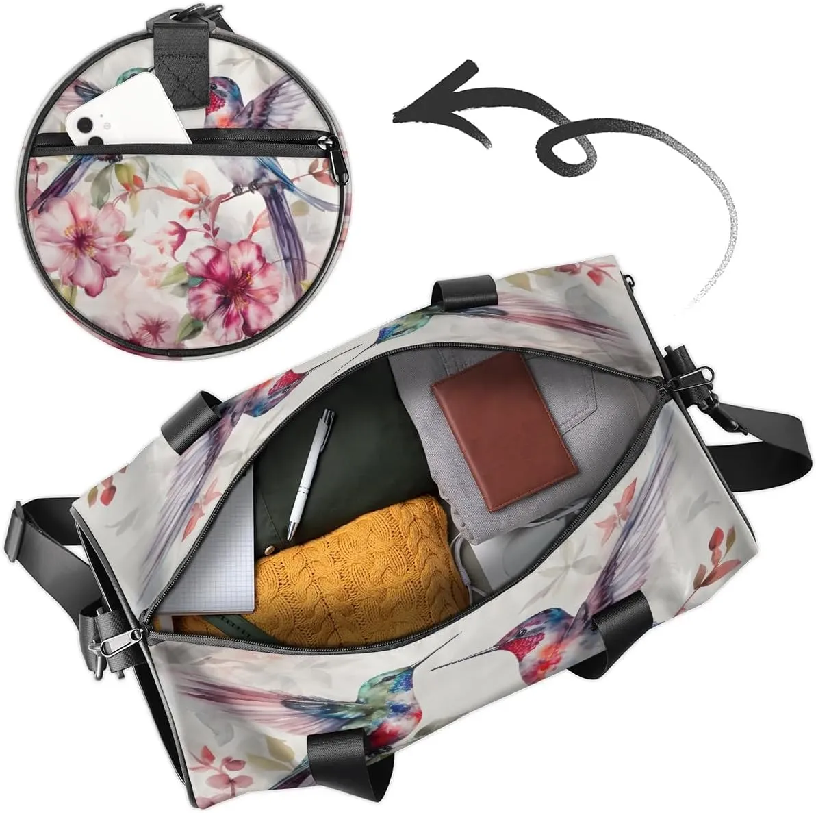 Gym Bags for Men Women Flowers Hummingbirds Watercolor Sports Duffel Bags Carry On Travel Duffle Bag with Detachable Adjustable Shoulder Strap Overnight Weekender Bag