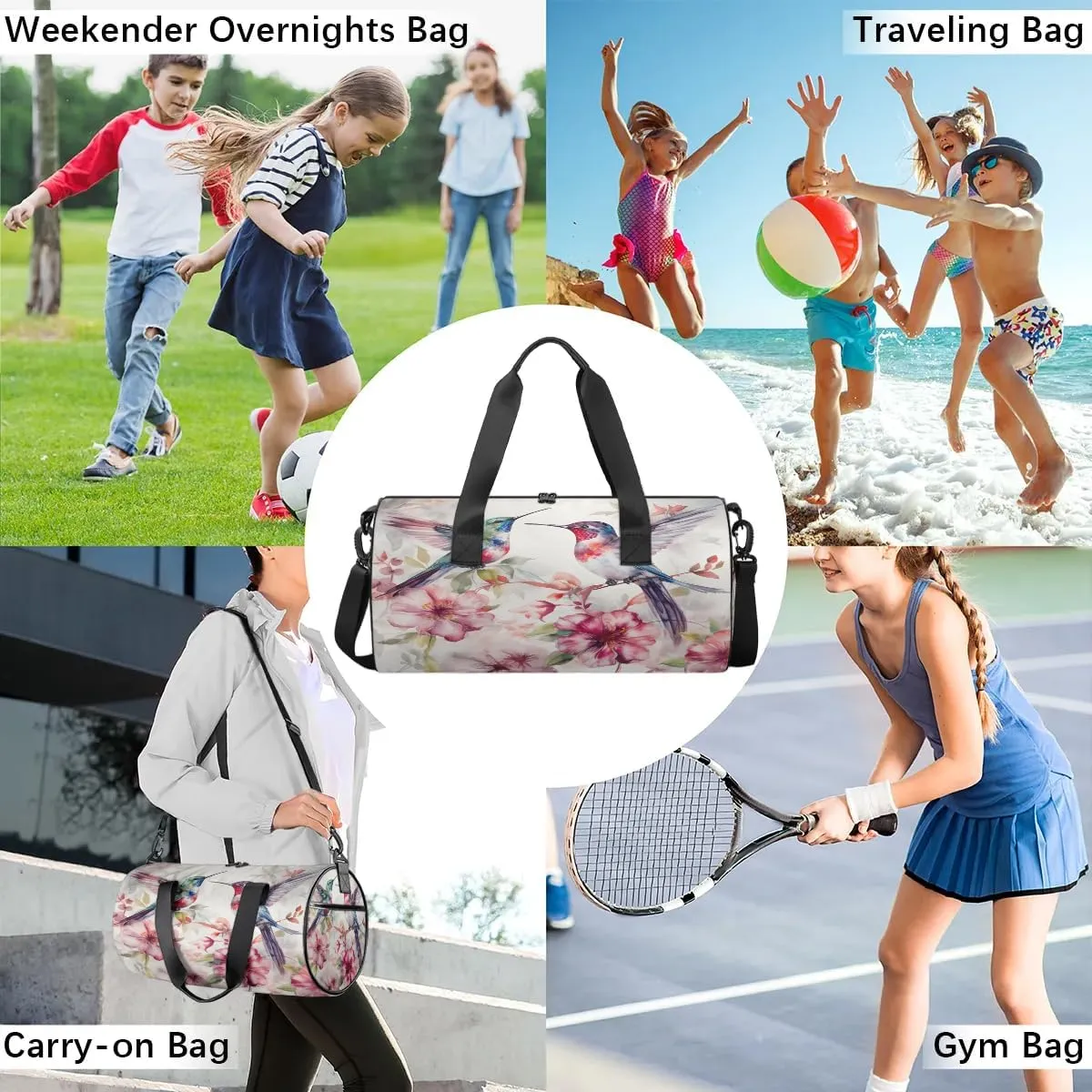 Gym Bags for Men Women Flowers Hummingbirds Watercolor Sports Duffel Bags Carry On Travel Duffle Bag with Detachable Adjustable Shoulder Strap Overnight Weekender Bag