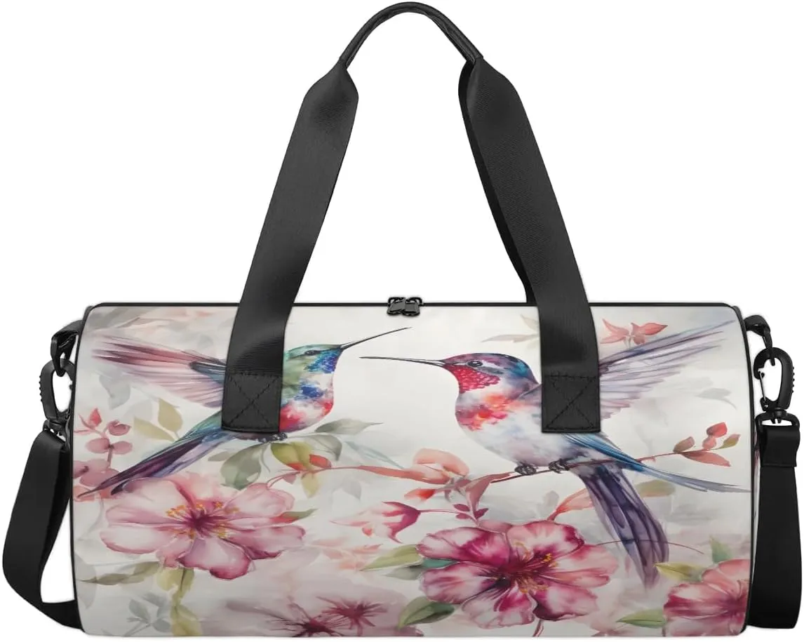 Gym Bags for Men Women Flowers Hummingbirds Watercolor Sports Duffel Bags Carry On Travel Duffle Bag with Detachable Adjustable Shoulder Strap Overnight Weekender Bag