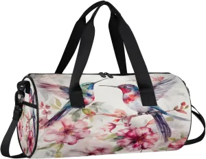 Gym Bags for Men Women Flowers Hummingbirds Watercolor Sports Duffel Bags Carry On Travel Duffle Bag with Detachable Adjustable Shoulder Strap Overnight Weekender Bag