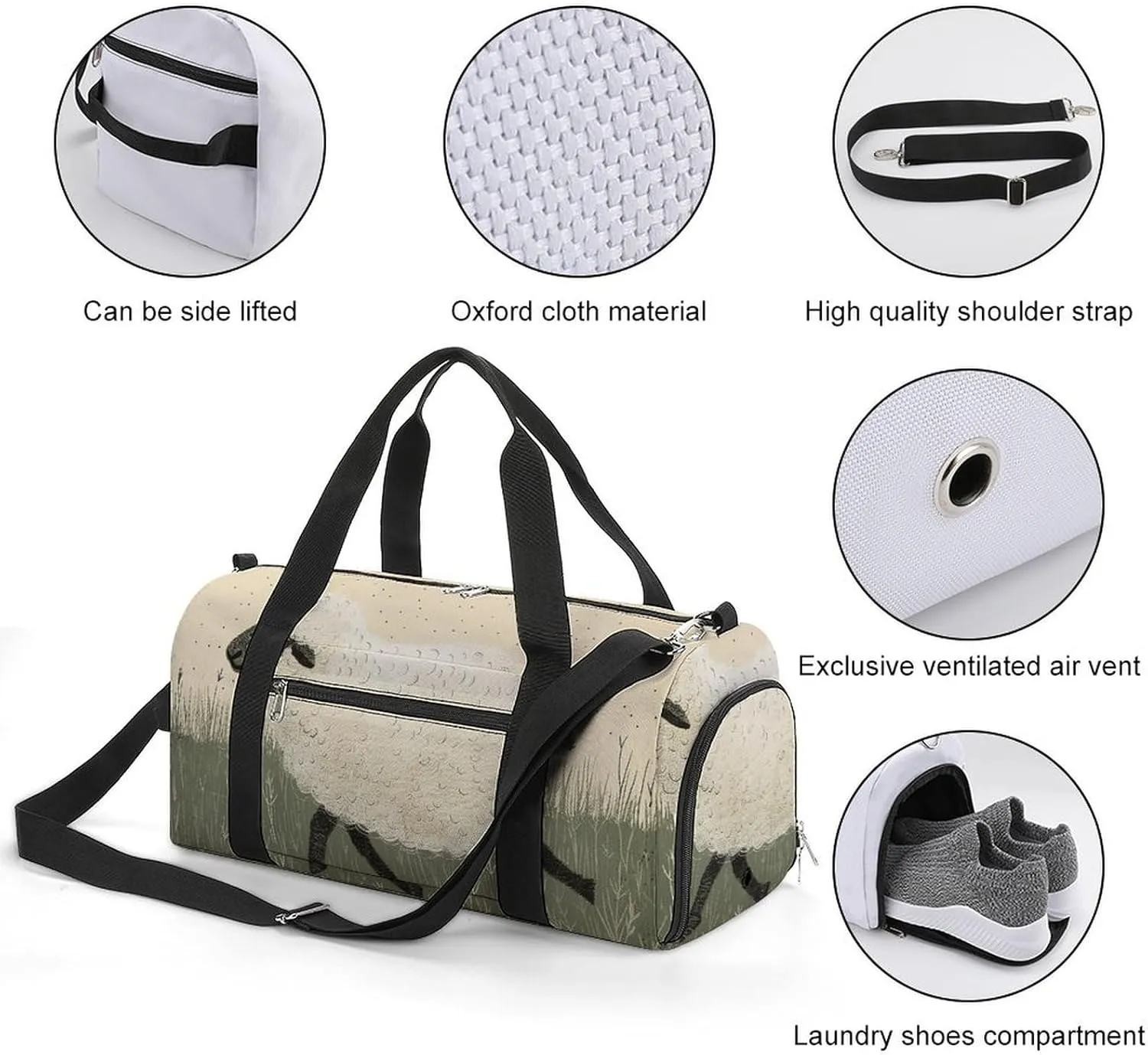 Gym Bags for Men Women Hand Drawn Sheep Duffle Bag Travel Overnight Bag with Shoe Compartment Tote Bags