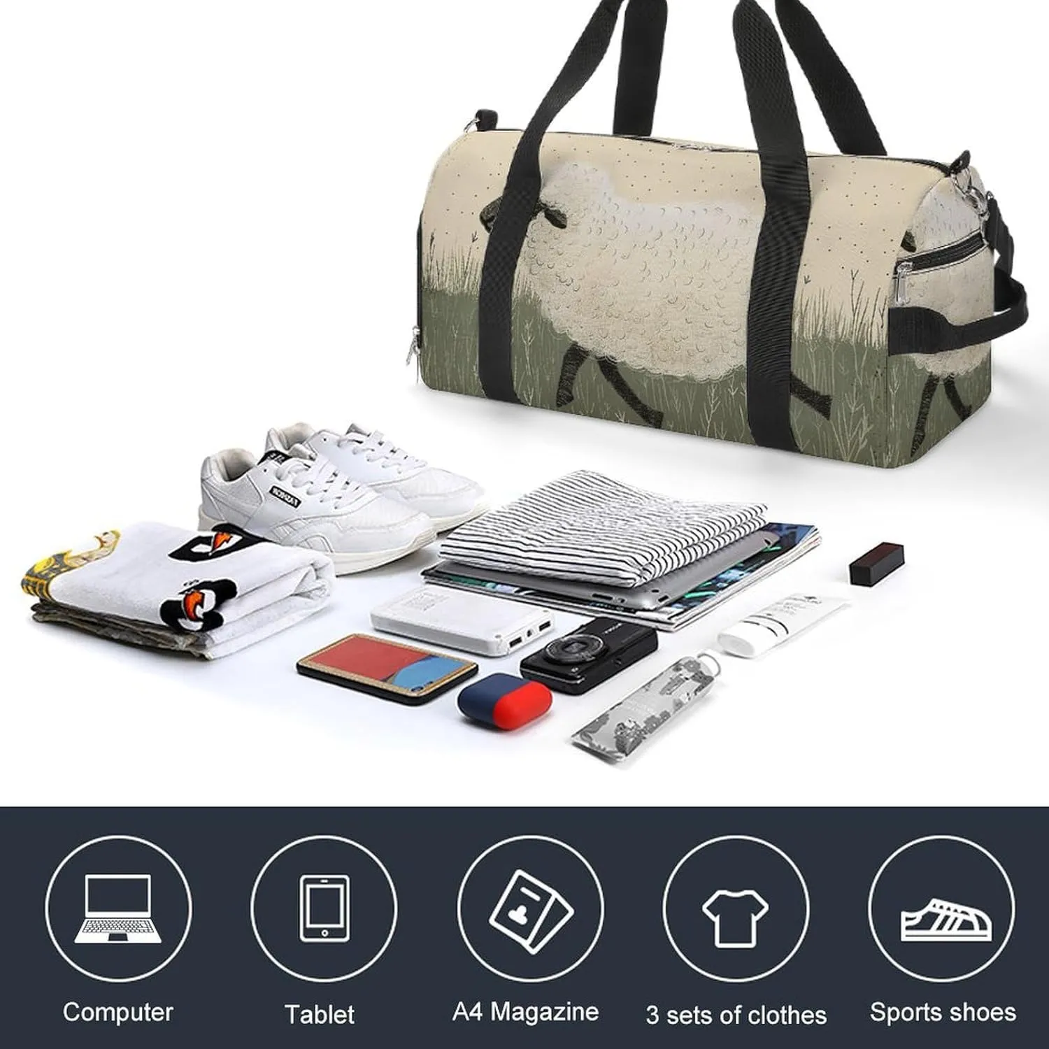 Gym Bags for Men Women Hand Drawn Sheep Duffle Bag Travel Overnight Bag with Shoe Compartment Tote Bags