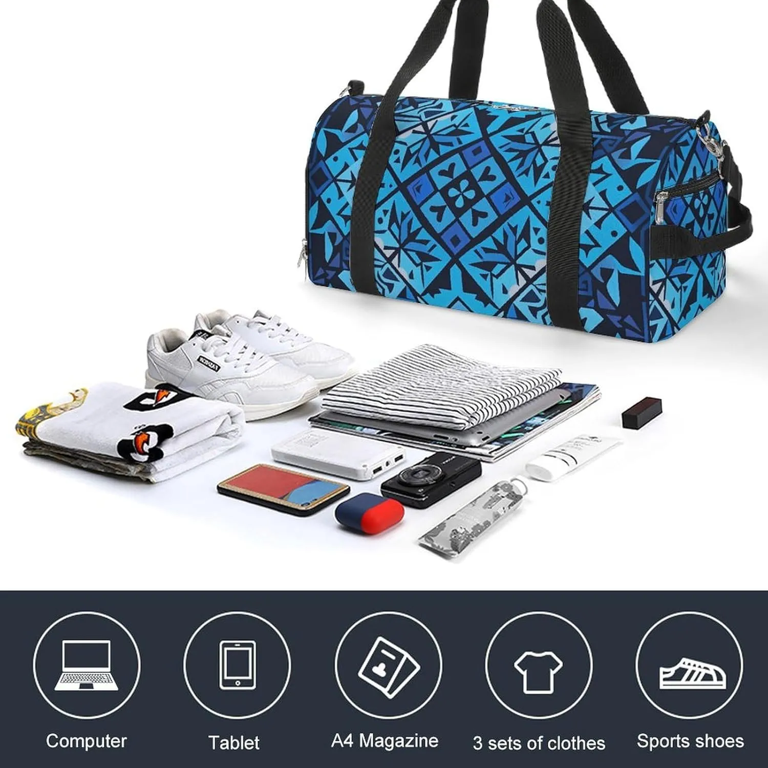 Gym Bags Small Blue Polynesian Maori Tribal Pattern Duffel Bag Overnight Bag with Shoe Compartment Carryon Bag for Men Women