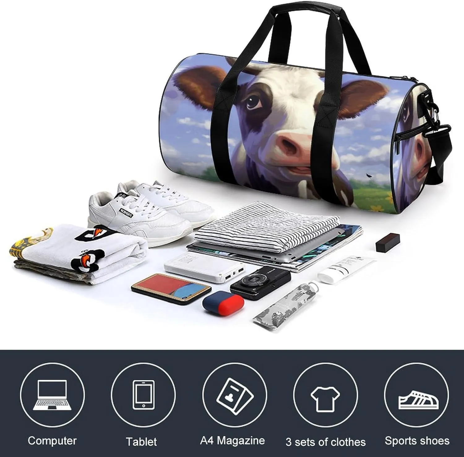 Gym Bags Small Cute Cow Duffel Bag Overnight Bag with Shoe Compartment Carryon Bag for Men Women