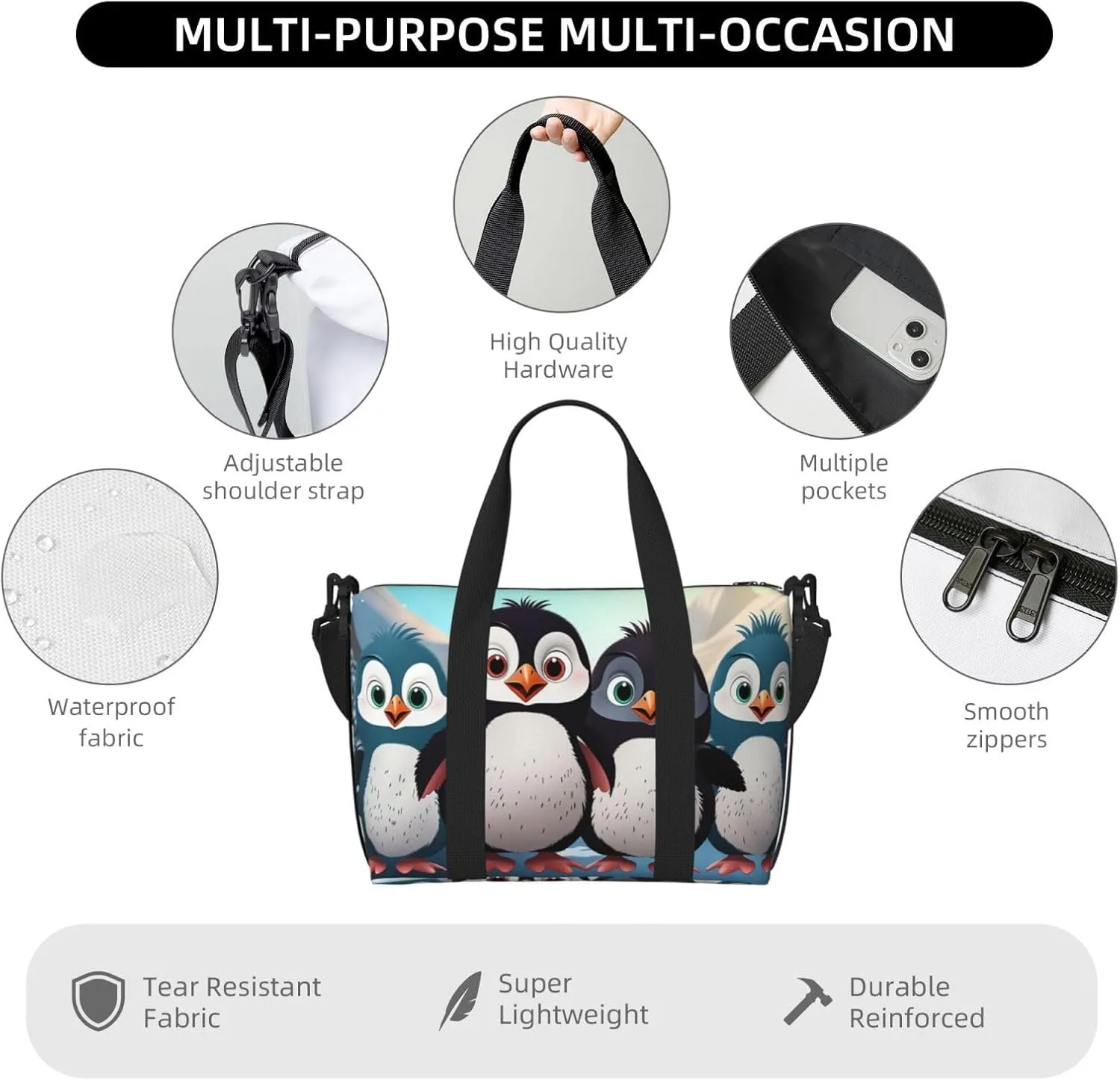 Gym Bags Small Five cute penguins Duffel Bag Overnight Bag with Shoe Compartment Carryon Bag for Men Women
