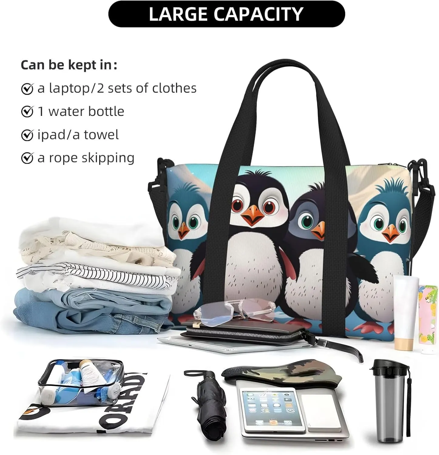 Gym Bags Small Five cute penguins Duffel Bag Overnight Bag with Shoe Compartment Carryon Bag for Men Women