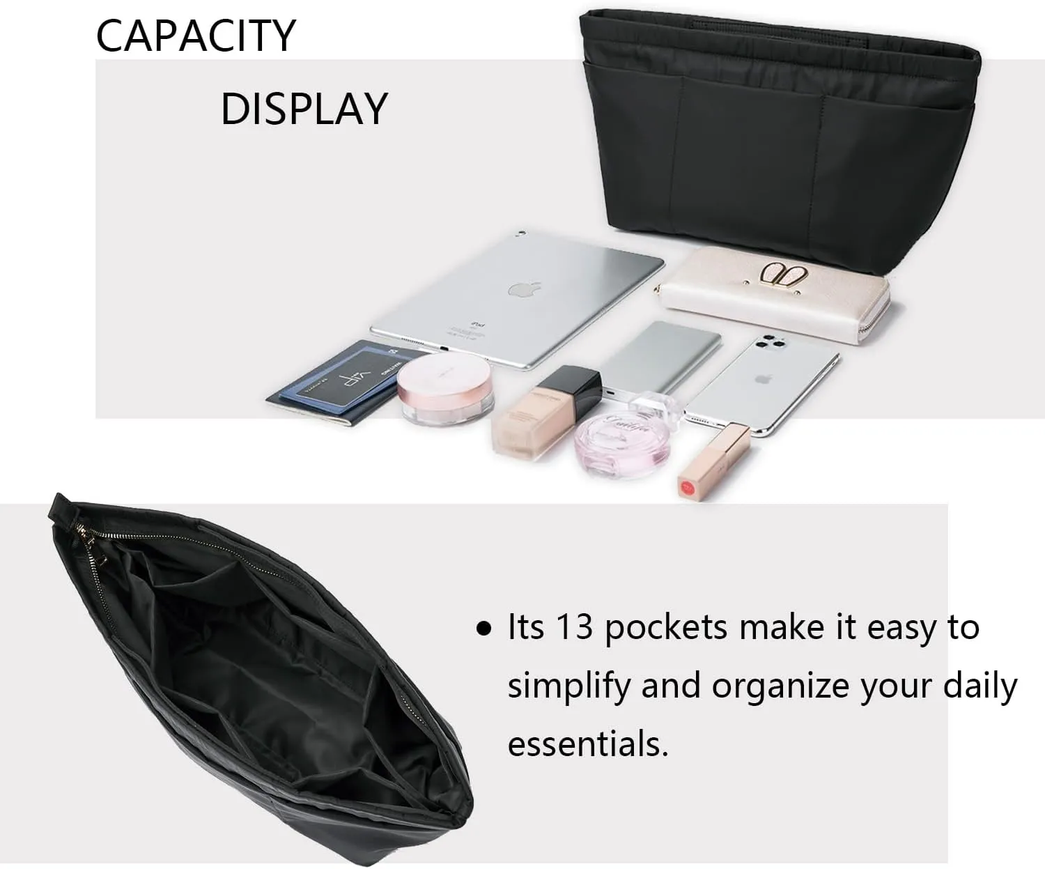 Handbag Organizer Insert Bag Tote Shaper Bag Large Purse Organizer Insert Lightweight & Durable Nylon inner bag (L, black)