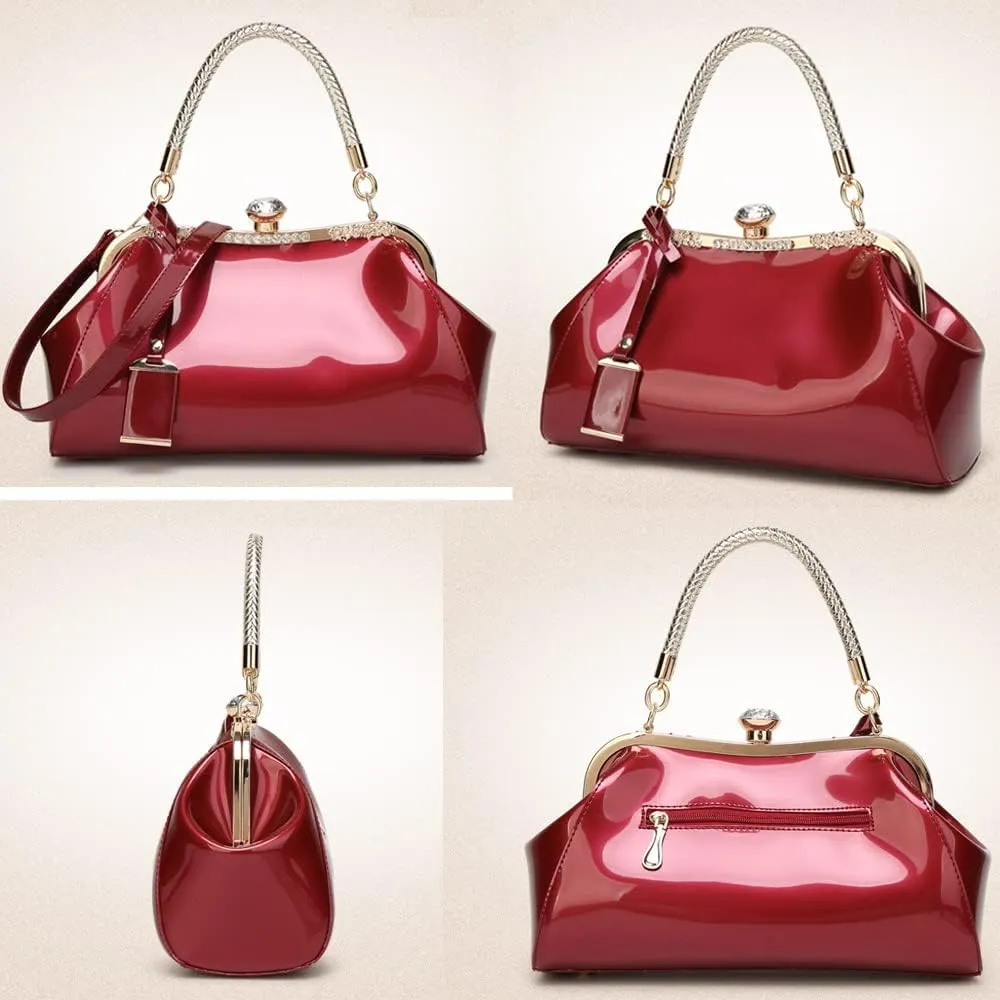 Handbags for Women Leather Top Handle Purse Crystal Buckle Satchel Bag Evening Tote Bags Shoulder Bag Wedding