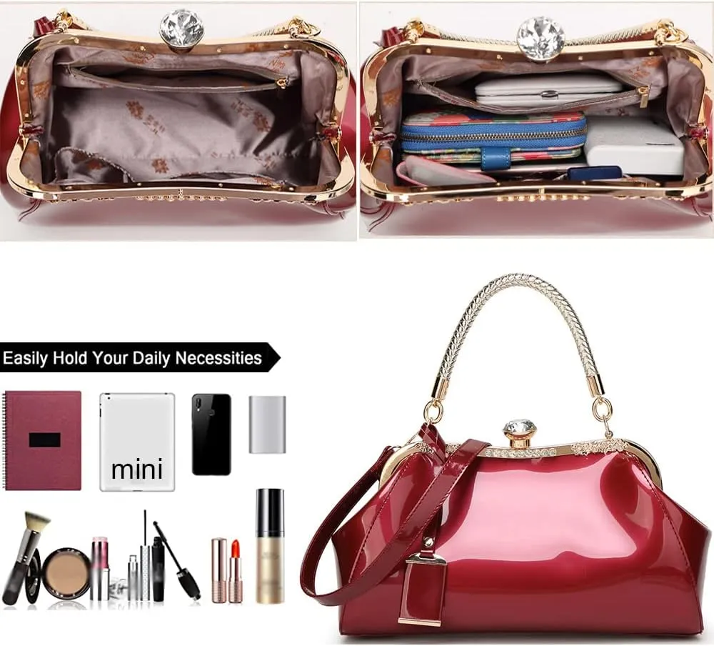 Handbags for Women Leather Top Handle Purse Crystal Buckle Satchel Bag Evening Tote Bags Shoulder Bag Wedding