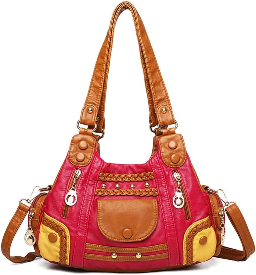 Handbags for Women Washed Faux Leather Crossbody Bag Hobo Shoulder Bag Stylish Rivet Satchel Purse with Crossbody Strap Green