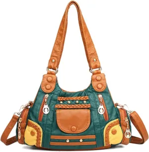 Handbags for Women Washed Faux Leather Crossbody Bag Hobo Shoulder Bag Stylish Rivet Satchel Purse with Crossbody Strap Green