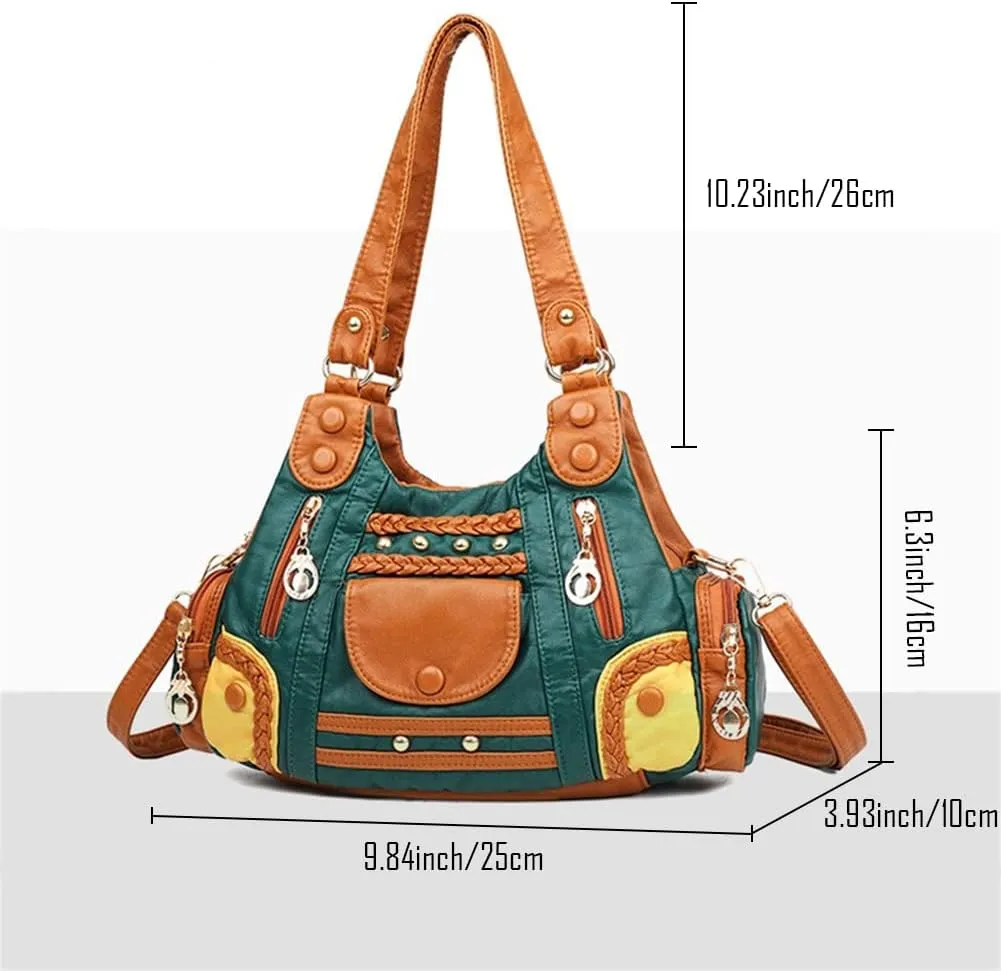 Handbags for Women Washed Faux Leather Crossbody Bag Hobo Shoulder Bag Stylish Rivet Satchel Purse with Crossbody Strap Green
