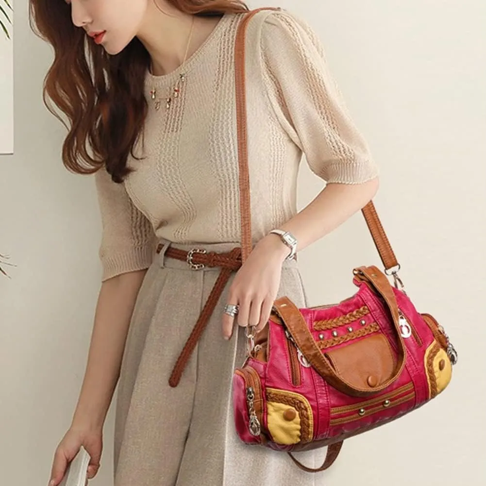 Handbags for Women Washed Faux Leather Crossbody Bag Hobo Shoulder Bag Stylish Rivet Satchel Purse with Crossbody Strap Green