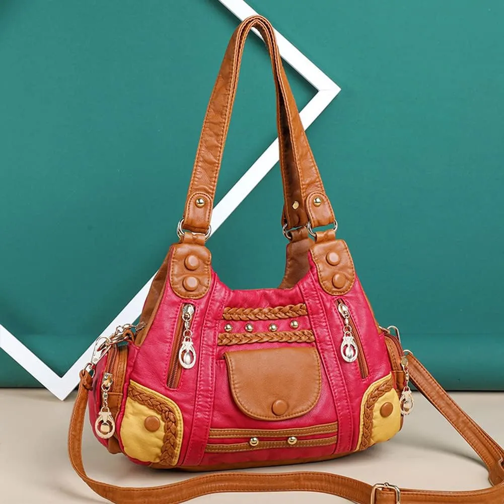 Handbags for Women Washed Faux Leather Crossbody Bag Hobo Shoulder Bag Stylish Rivet Satchel Purse with Crossbody Strap Green