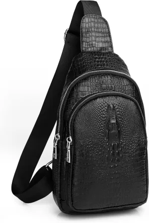Handmade Genuine Leather Crossbody Sling Bag for Men Waterproof Crocodile Embossing Shoulder Chest Day Pack Backpacks