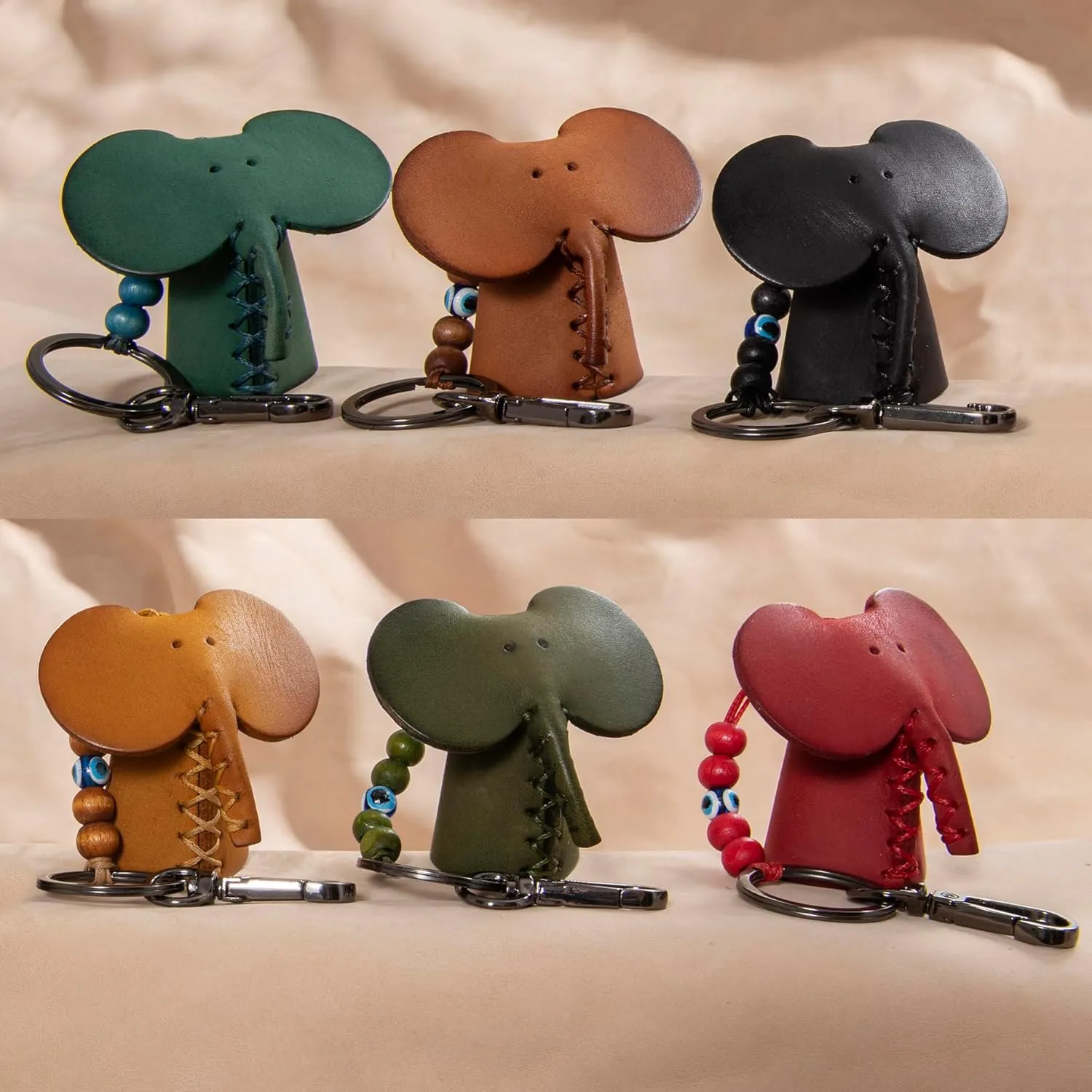 Handmade Leather Elephant Keychain, Hanging Bag Charm for Purse and Backpack | 100% Genuine Leather, Cute Elephant Gifts for Women (Mustard)