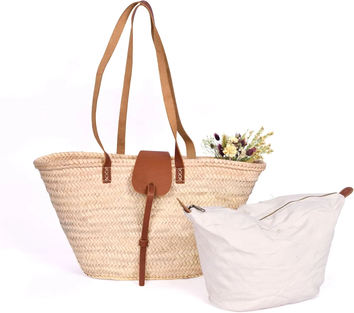 Handwoven French Straw Tote for Women: Durable Leather Handles, Spacious for Vacation, Market & Daily Use
