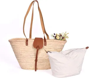 Handwoven French Straw Tote for Women: Durable Leather Handles, Spacious for Vacation, Market & Daily Use