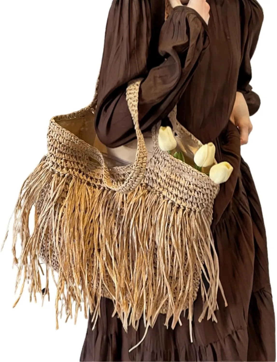 Handwoven Fringe Straw Beach Tote Bag for Women, 17.32 x 15.75 x 0.39 inches, Lightweight Woven Beach Bag for Women