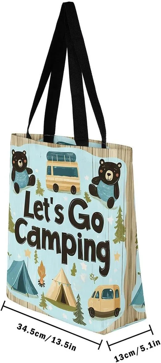 Happy Camping Canvas Tote Bags,Campfire Tent RV Car Large Capacity Shoulder Handbags,Travel Trailers Bag