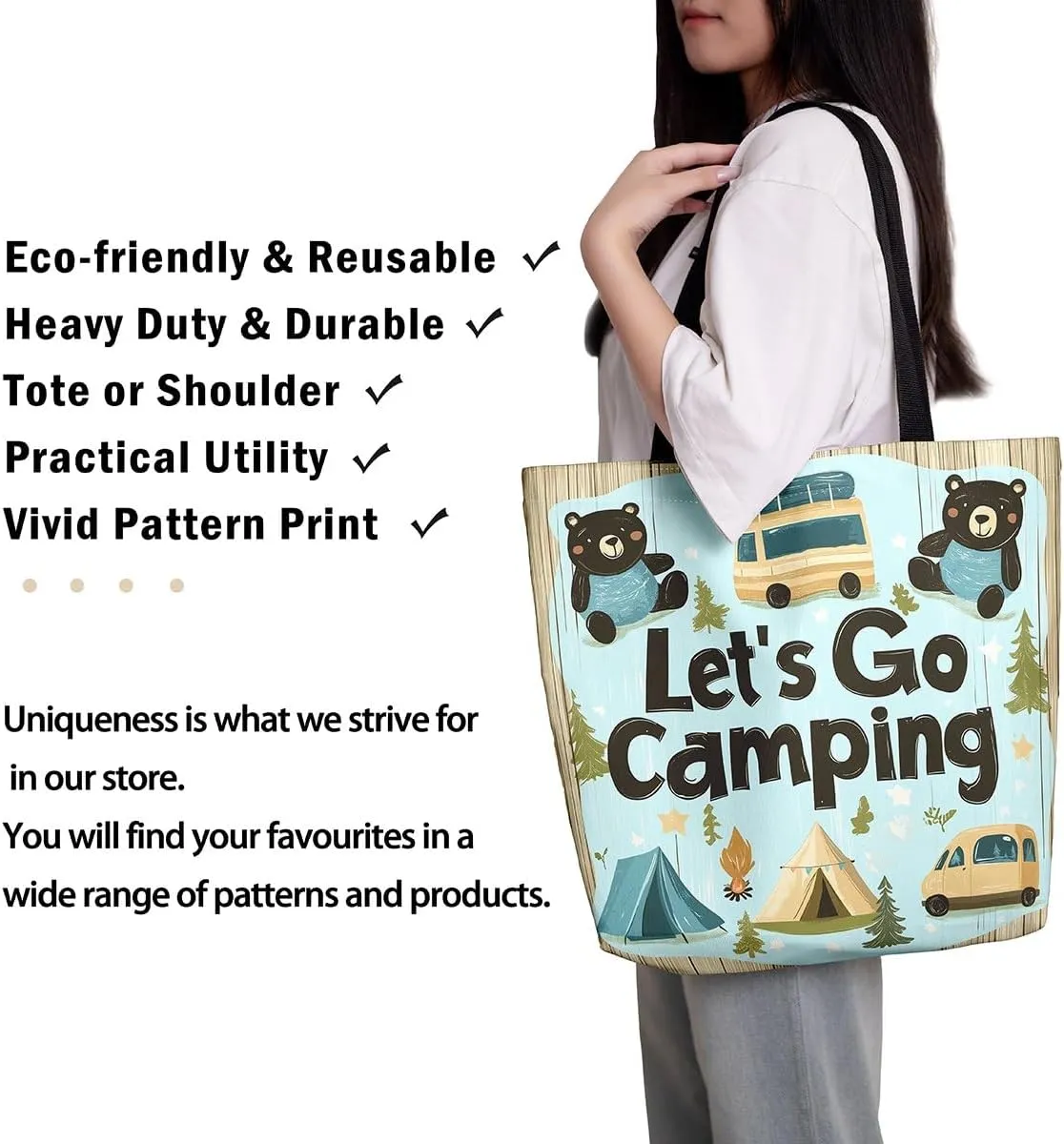 Happy Camping Canvas Tote Bags,Campfire Tent RV Car Large Capacity Shoulder Handbags,Travel Trailers Bag