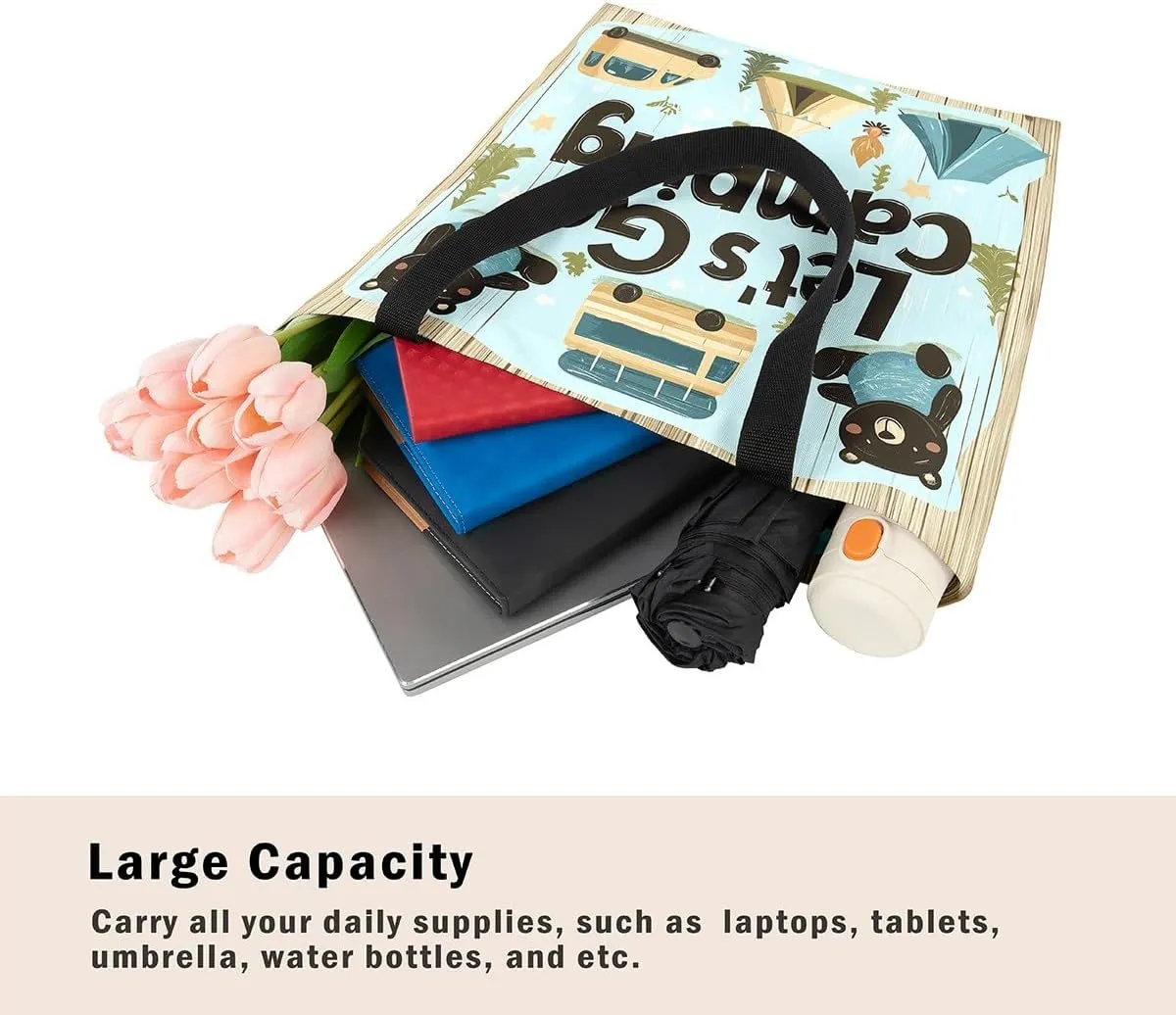 Happy Camping Canvas Tote Bags,Campfire Tent RV Car Large Capacity Shoulder Handbags,Travel Trailers Bag