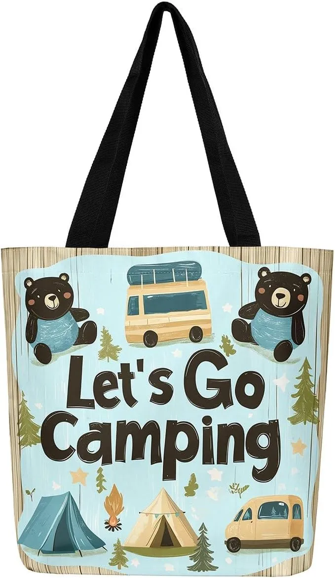 Happy Camping Canvas Tote Bags,Campfire Tent RV Car Large Capacity Shoulder Handbags,Travel Trailers Bag