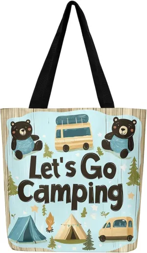 Happy Camping Canvas Tote Bags,Campfire Tent RV Car Large Capacity Shoulder Handbags,Travel Trailers Bag