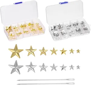 HARFINGTON 240pcs Metal Star Studs Claw 5-Claw Golden Hand Pressed Punk Studs Claw Beads Rivets Studs Cap Nail Head with Large Eye Needles for DIY Leather Clothing Bag Shoes,Silver,Gold