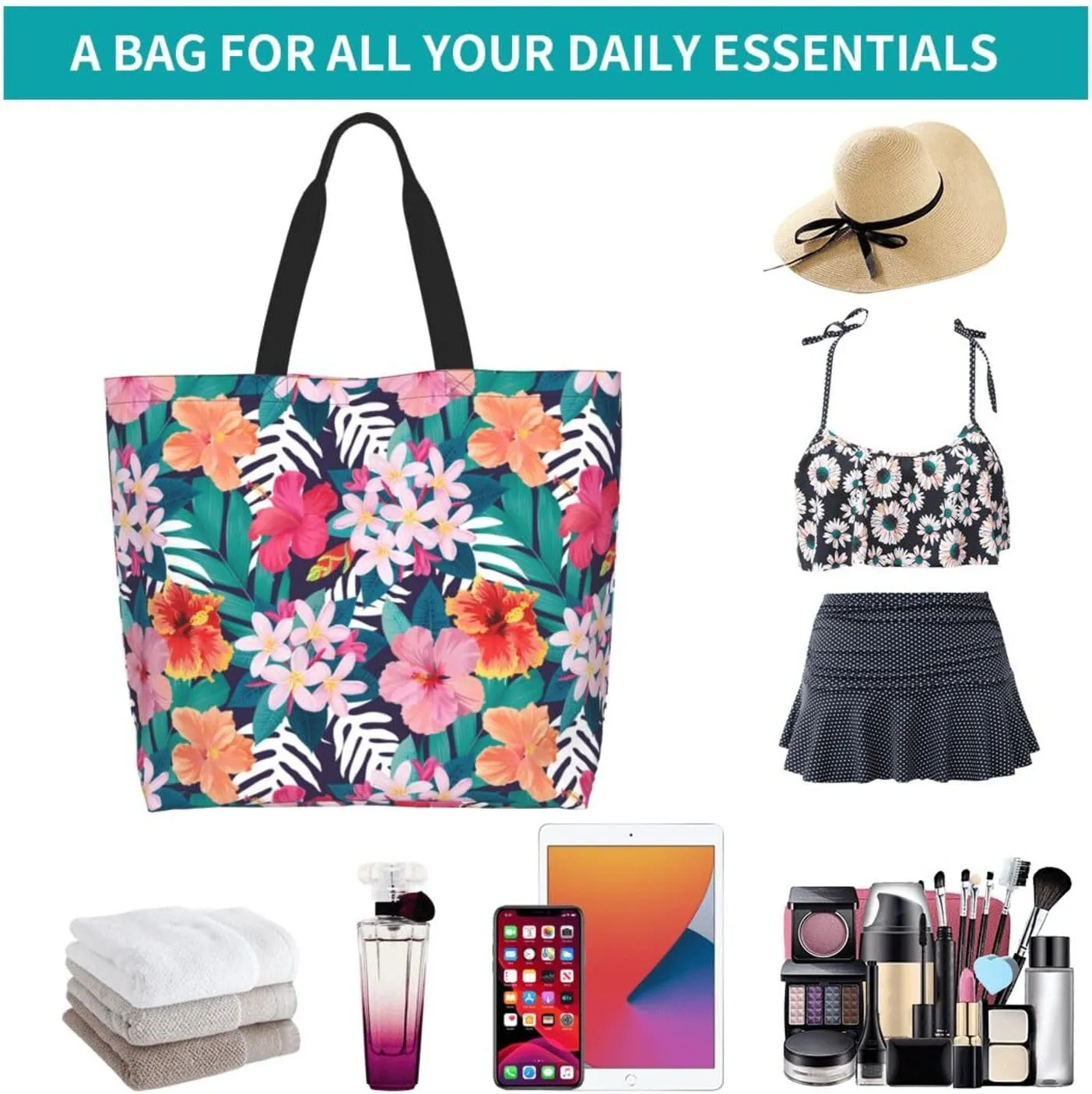 Hawaiian Tropical Flower Tote Bag for Women,Reusable Shopping Grocery Shoulder Bags Large Capacity Handbags