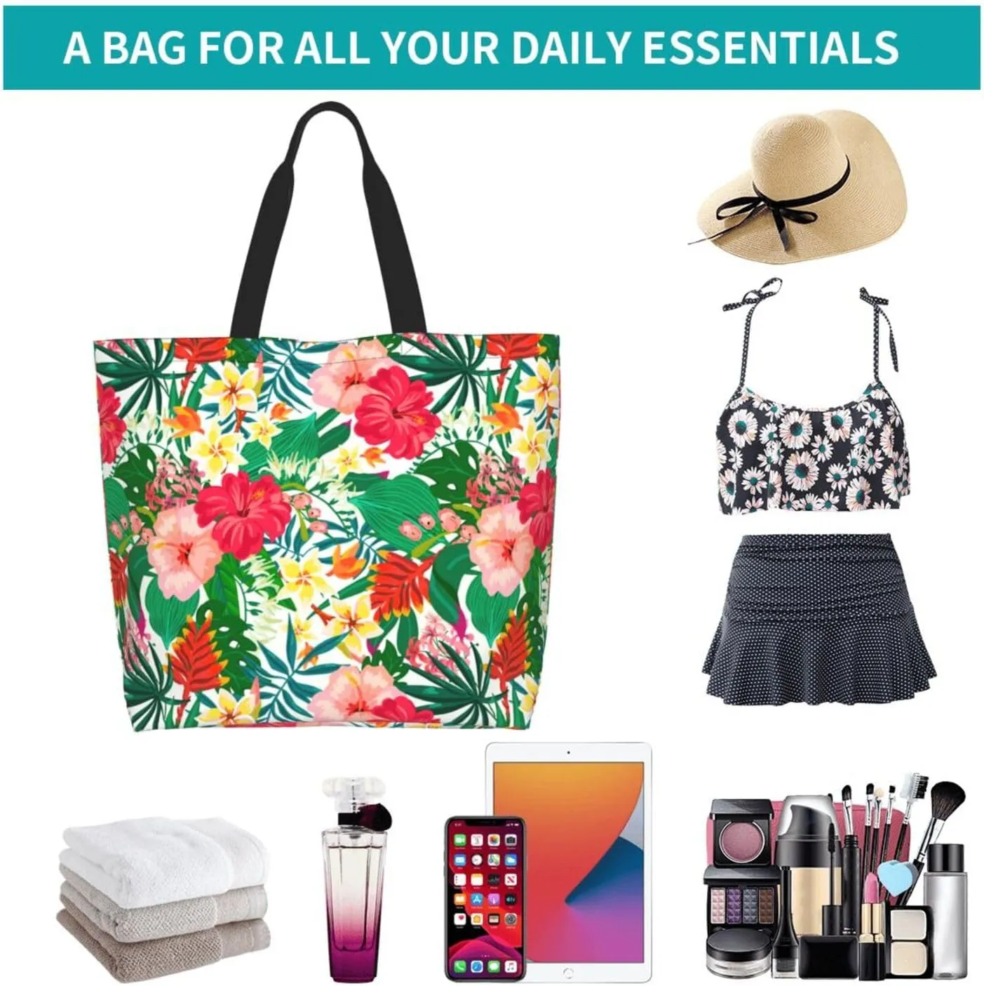 Hawaiian Tropical Flower Tote Bag for Women,Reusable Shopping Grocery Shoulder Bags Large Capacity Handbags