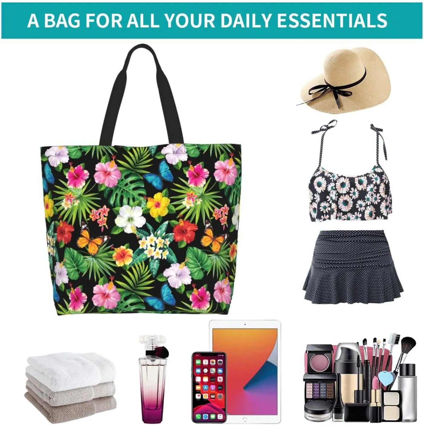 Hawaiian Tropical Flower Tote Bag for Women,Reusable Shopping Grocery Shoulder Bags Large Capacity Handbags
