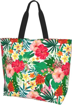 Hawaiian Tropical Flower Tote Bag for Women,Reusable Shopping Grocery Shoulder Bags Large Capacity Handbags