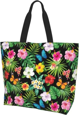 Hawaiian Tropical Flower Tote Bag for Women,Reusable Shopping Grocery Shoulder Bags Large Capacity Handbags