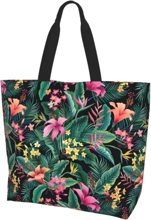 Hawaiian Tropical Flower Tote Bag for Women,Reusable Shopping Grocery Shoulder Bags Large Capacity Handbags