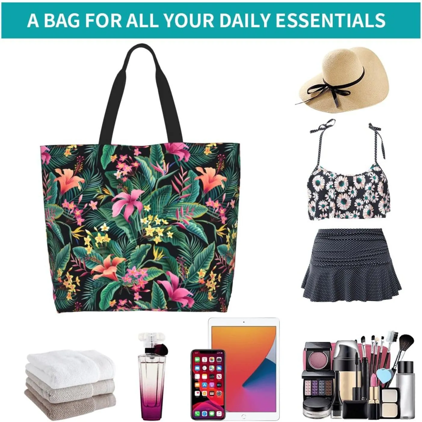 Hawaiian Tropical Flower Tote Bag for Women,Reusable Shopping Grocery Shoulder Bags Large Capacity Handbags