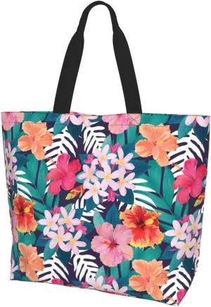 Hawaiian Tropical Flower Tote Bag for Women,Reusable Shopping Grocery Shoulder Bags Large Capacity Handbags