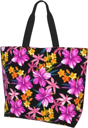 Hawaiian Tropical Flower Tote Bag for Women,Reusable Shopping Grocery Shoulder Bags Large Capacity Handbags