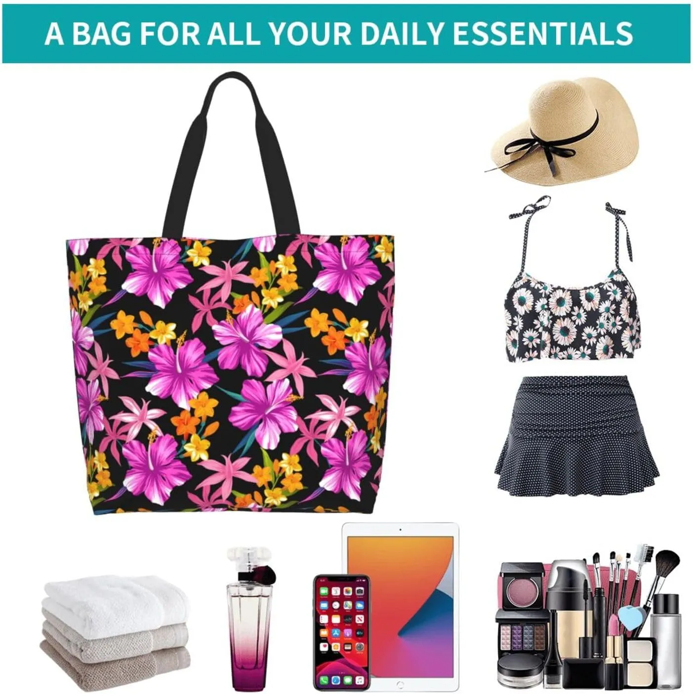 Hawaiian Tropical Flower Tote Bag for Women,Reusable Shopping Grocery Shoulder Bags Large Capacity Handbags