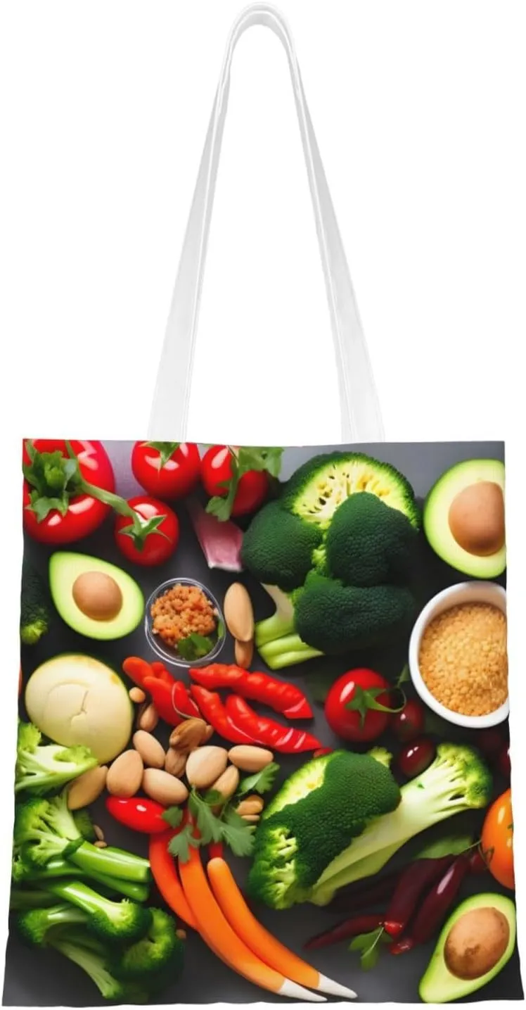 Healthy Food Print Canvas Tote Bag Reusable Shoulder Shopping Bags For Daily Use Shopping Travel