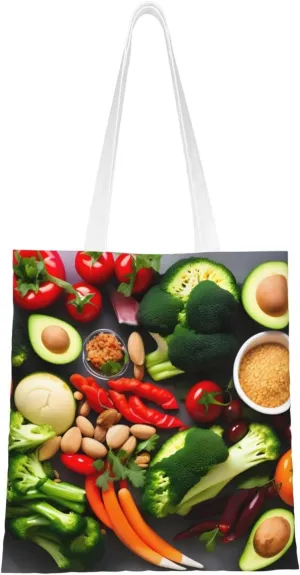 Healthy Food Print Canvas Tote Bag Reusable Shoulder Shopping Bags For Daily Use Shopping Travel