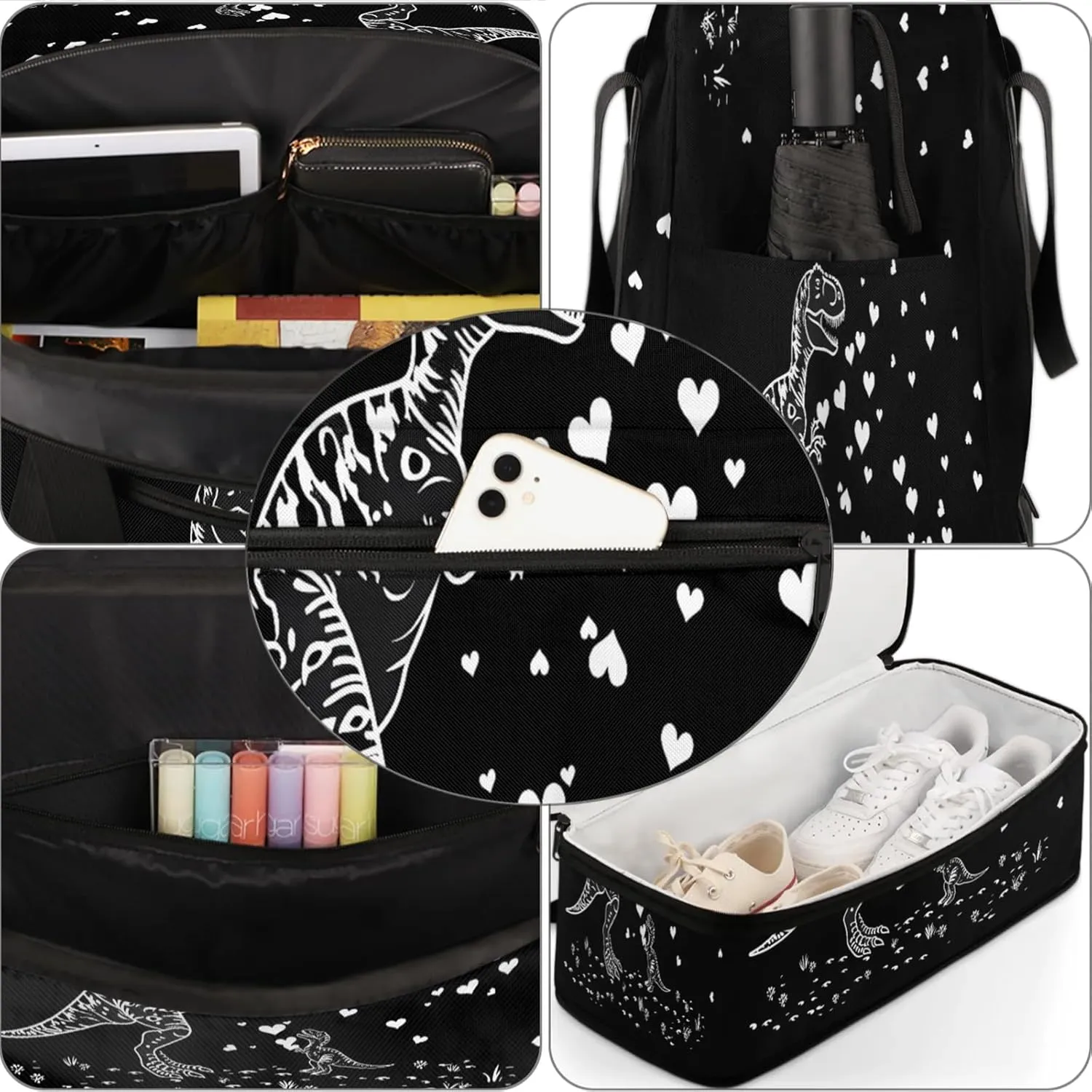Heart Animal Dinosaur Travel Duffel Bags for Women & Men Large Sports Gym Bags Foldie Weekender Overnight Bag Carry On Tote Bag With Shoe Compartment Personal Item Bag for Travel Sports Gym