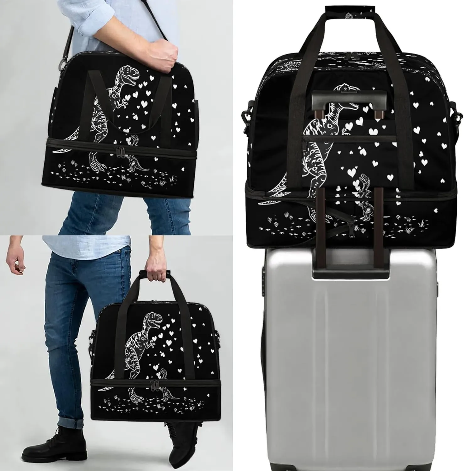 Heart Animal Dinosaur Travel Duffel Bags for Women & Men Large Sports Gym Bags Foldie Weekender Overnight Bag Carry On Tote Bag With Shoe Compartment Personal Item Bag for Travel Sports Gym