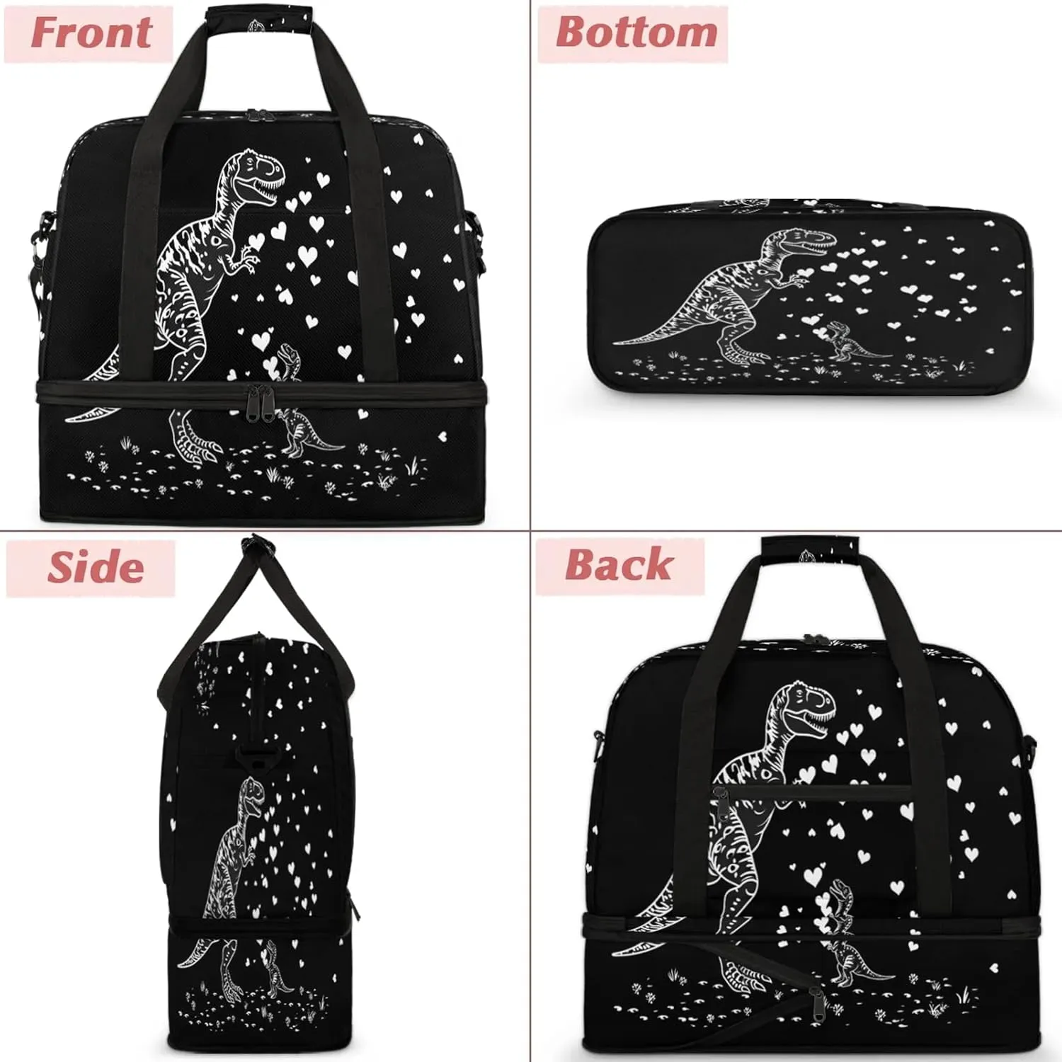 Heart Animal Dinosaur Travel Duffel Bags for Women & Men Large Sports Gym Bags Foldie Weekender Overnight Bag Carry On Tote Bag With Shoe Compartment Personal Item Bag for Travel Sports Gym