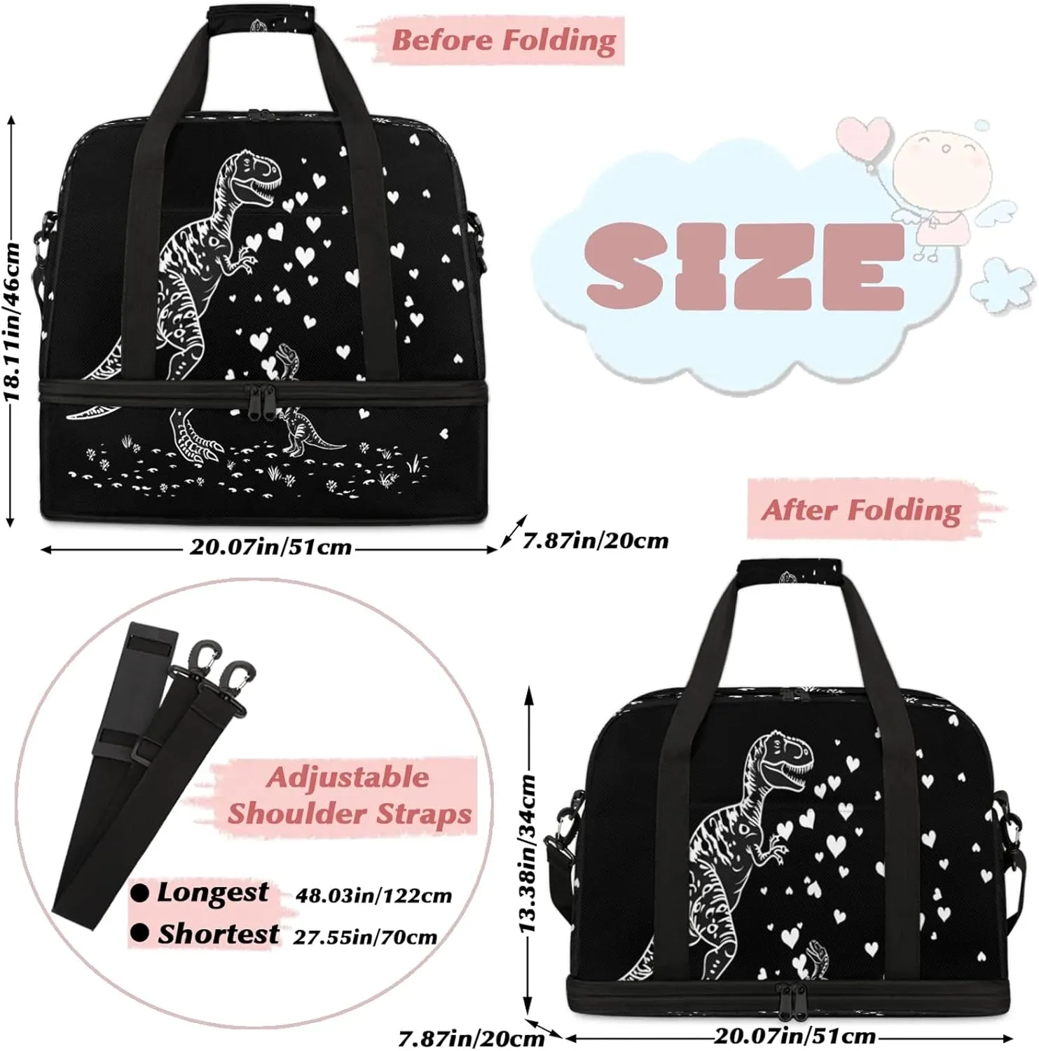 Heart Animal Dinosaur Travel Duffel Bags for Women & Men Large Sports Gym Bags Foldie Weekender Overnight Bag Carry On Tote Bag With Shoe Compartment Personal Item Bag for Travel Sports Gym